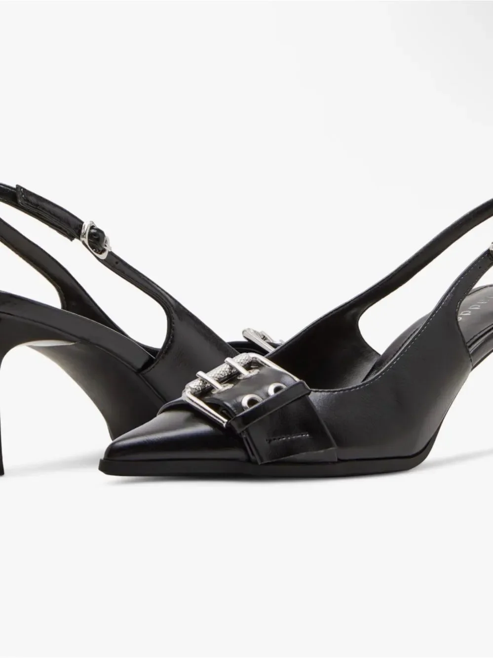 Madden Girl Black Pointed-Toe Slingback Heel with Silver Buckle